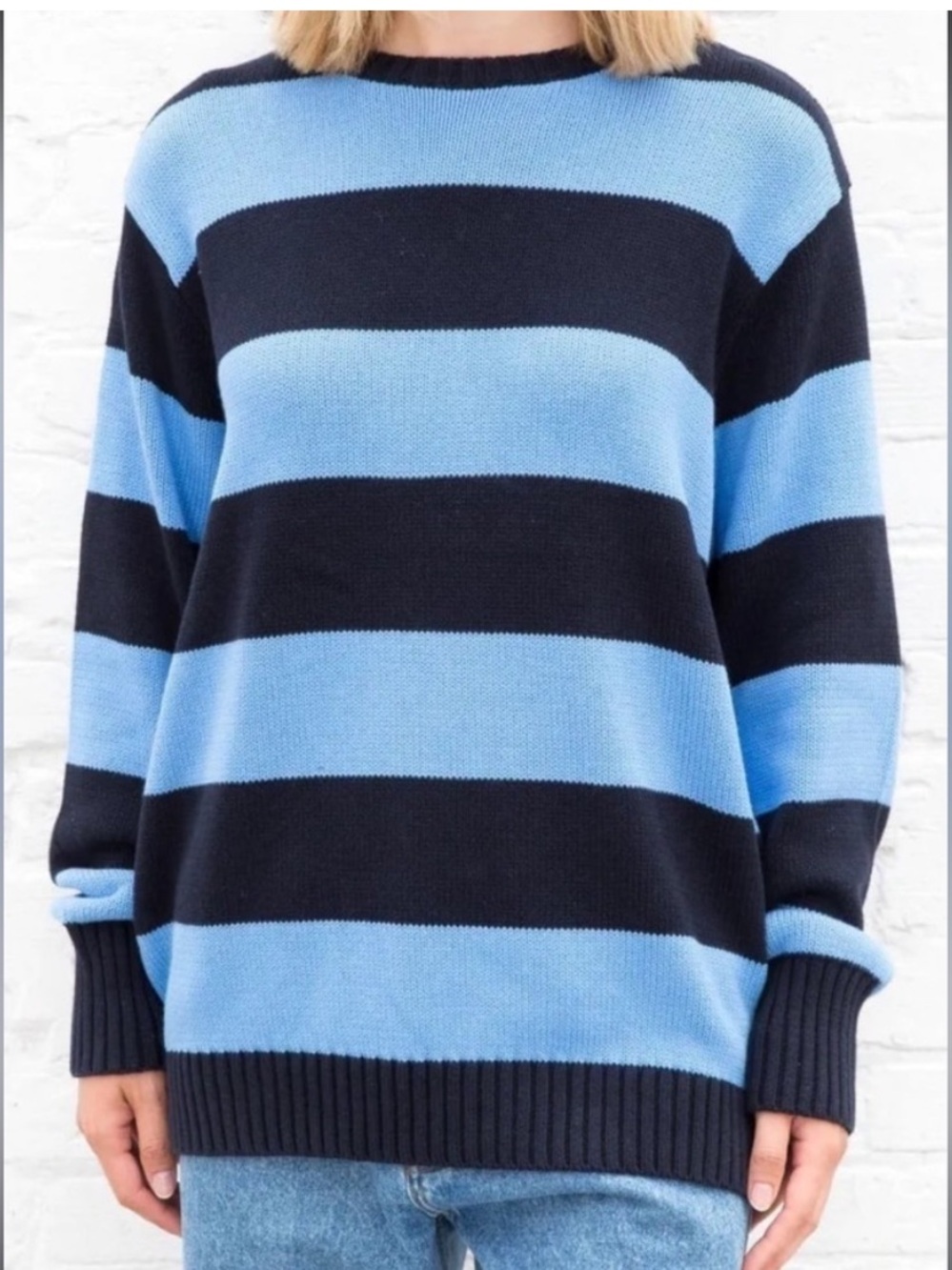 BRANDY MELVILLE Blue and Black Striped Crewneck Sweater